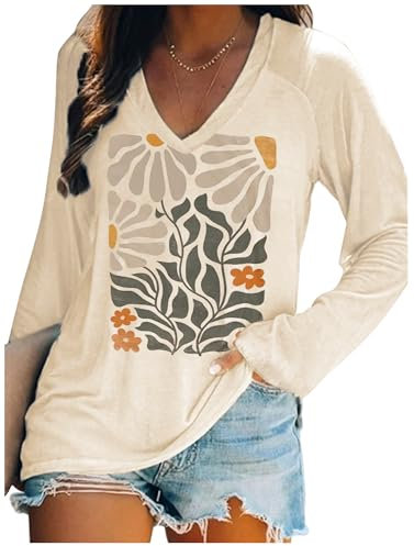 Flowers Graphic Long Sleeve V Neck Tees Shirts for Women Casual Loose Fitted Tshirts Boho Wildflower Trendy Tops Outfits, Flowers Apricot, M
