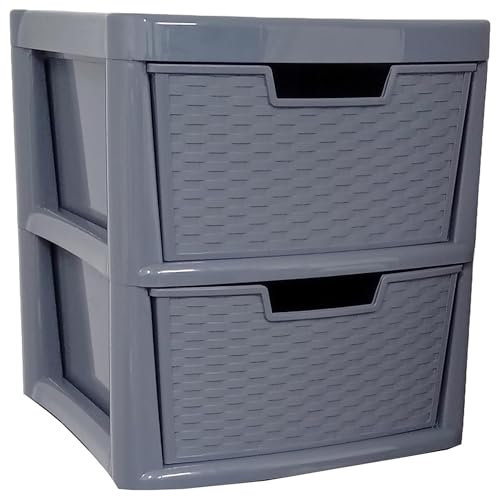 ALEEZ - Large Plastic Drawer Storage Unit - Rattan Effect 2 Drawer Cabinet - Multipurpose Storage Organiser - Office, Tabletop Desktop Drawer - Bedroom Chest Drawer Unit - (Grey, 2 Drawer)