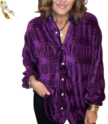 Generisch Women's Shirred Velvet Button Down Top,Vintage Long Sleeve Velvet Shirt,Loose Solid Color V Neck Velvet Blouses