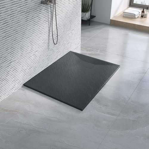 Duschtasse 100x80 cm Duschwanne schwarz flach ebenerdig Steinoptik Anti-Rutsch Zuschneidbar ohne Siphon und Ablaufgarnitur