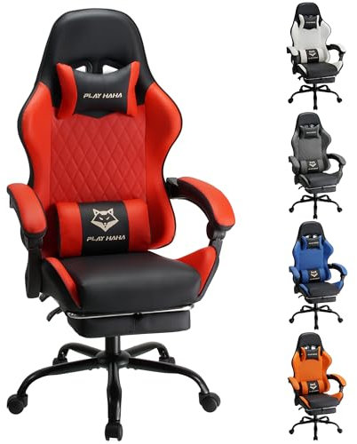play haha. Gaming Stuhl Bürostuhl Drehstuhl Computerstuhl Arbeitsstuhl Schreibtischstuhl Ergonomischer Stuhl Rennstuhl Lederstuhl PC Gaming Stuhl (Rot mit Fußstütze)