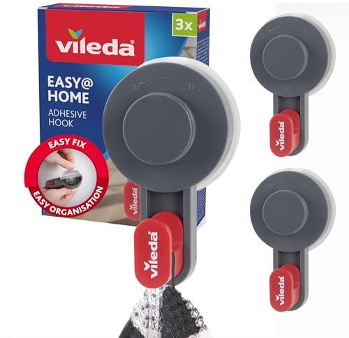 Vileda Lot de 3 crochets adhésifs – Crochets autocollants et forte adhérence jusqu'à 3 kg – Crochet mural polyvalent auto-adhésif pour salle de bain, cuisine et maison – Installation facile sans