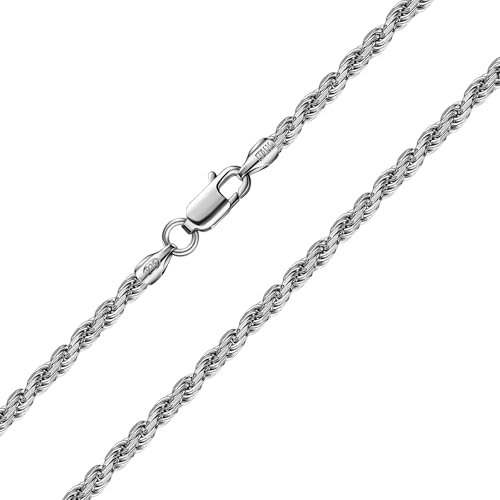 Ataria Halskette Damen & Herren Sterling Silber 925 rhodiniert 2.8mm, Gewicht: 3,38-17,2g Kordelkette mit Rhodium Beschichtung - Silberkette 925 (Silber rhodiniert 2,8mm, 45)