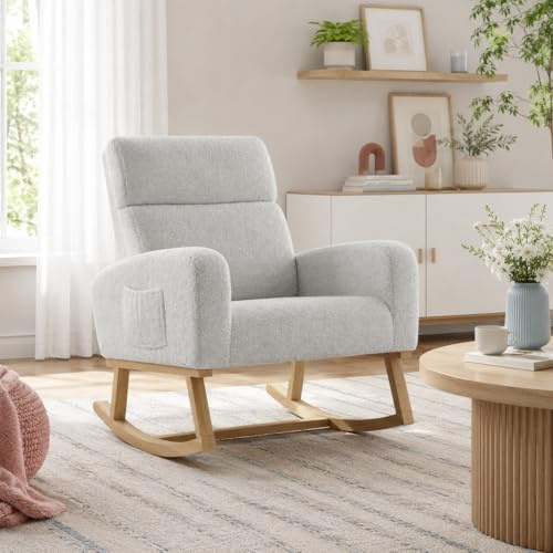 Fauteuil à Bascule en Tissu Teddy, Fauteuil d'allaitement avec Dossier Haut, Accoudoirs Rembourrés, Poches Latérales et Patins Antidérapants pour Salon, Chambre, Bureau, 69.2x78.5x87cm, Gris Clair