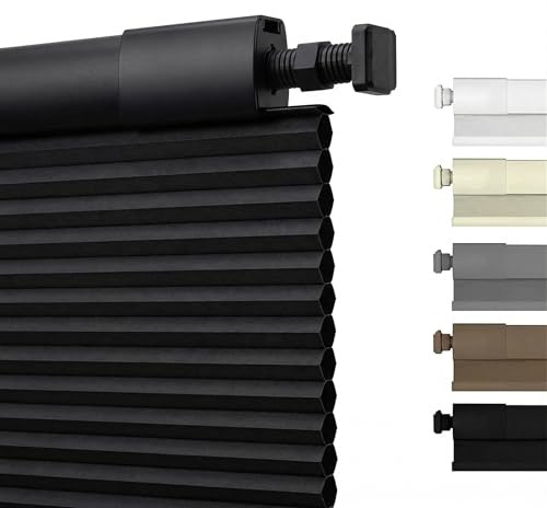 No Drill Honeycomb Pleated Blinds for Indoor Window Blackout Cordless Cellular Shades No Tools Privacy Blinds for Home Easy Fit Custom Shades for Bedroom Office(Black, 135cm W x 120cm H)