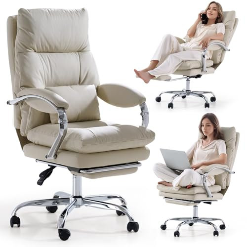 EMIAH Sedia da Ufficio Direzionale con Poggiapiedi, Comoda Sedia Scrivania con Braccioli, Poltrona Ufficio Ergonomica Reclinabile in Pelle PU con Ruote, Sedia per Computer con Cuscino Ispessito, Beige