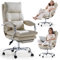 EMIAH Chaise de Bureau avec Repose-pieds, Fauteuil de Bureau Confortable avec Accoudoirs, Ergonomique Fauteuil de Direction Cuir PU Inclinable avec Roulettes, Chaise d'ordinateur Coussin Épaissi,Beige