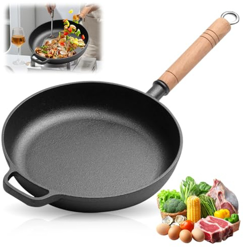 Yuragim Gusseisenpfanne 27 cm Gusseisen-Pfanne Ohne Beschichtung, Grillpfanne Antihaft Gusspfanne Induktion Bratpfanne gusseisen mit Holzgriff, Cast Iron Pan Induction für Alle Herdarten Geeignet