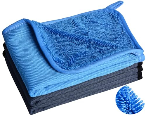 Mikrofasertücher für Autopflege und Motorrad Auto Trockentuch 600 GSM Ultra Saugfähig Autopflege Reinigungstücher Mikrofaser Auto-Waschtuch kratzfrei & fusselfrei (Schwarz 2pcs+Blau 1pcs, 30*40cm)