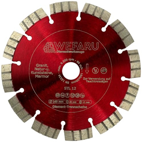 WEFARU Diamanttrennscheibe STL 12 Ø 160 mm – 20,0 mm Bohrung – Profi Trennscheibe für Granit, Quarzit, Naturstein – Leisekern – Turbo-Segmente – Nass & Trocken – für Winkelschleifer, Handsägen