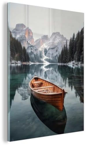 MuchoWow© Glasbilder 60x80 cm Wanddeko Wohnzimmer Aesthetic Room Decor Deko Zimmer Wandbilder Modern Bild auf Glas Boot - Berge - Natur - Wasser