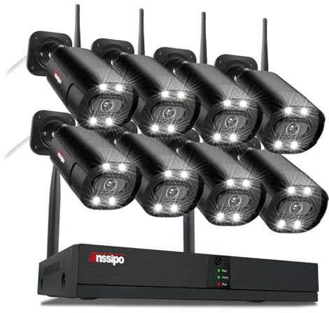 4K Wireless Security Camera System, 8 x 3MP Plug-in Security Cameras Outdoor, Dual Warning WiFi 8CH NVR, No Hard Drive, 2-Way Audio, Night Vision