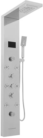 Panneau de douche LED 6 en 1, panneaux de douche en acier inoxydable 304, panneau de douche intelligent avec affichage LED, 8 douches de massage, douchette à main, bec de baignoire (argenté)