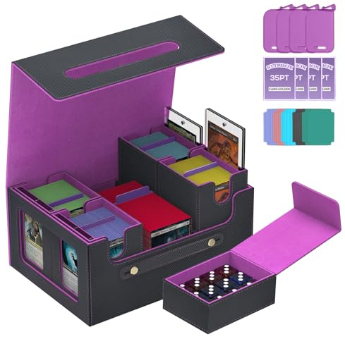 Caossuixin MTG Commander Deck Box with Dice Tray & Handle Holds 2400+ Cards | Trading Card Storage Box with 4 Commander Display & 24 Dividers & 4 Supporters for MTG&TCG,PU Leather Magnetic Closure,Purple