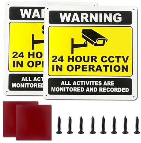 2 Pack Metal CCTV in Operation Signs, 20 cm x 20 cm Waterproof UV Resistant Pre-drilled Aluminium Alloy 24 HR CCTV in Operation Warning Signs with Double-sided Adhesive tape and Screws
