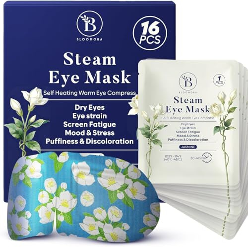 16 Pack Steam Eye Mask for Dryness, Puffiness, Strain & Relaxation, Heated Eye Mask for Sleep & Travel, Self-Heating & Disposable Warm Compress (Jasmine)