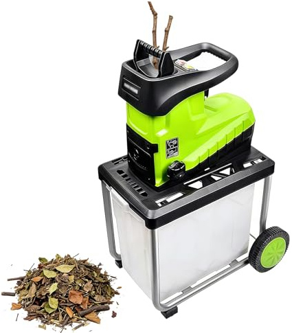 Biotrituratori e cippatori da giardino, biotrituratore elettrico per foglie con ruote, contenitore di raccolta da 60 litri, capacità di taglio rami di 45 mm, 5000 giri/min, per la manutenzione