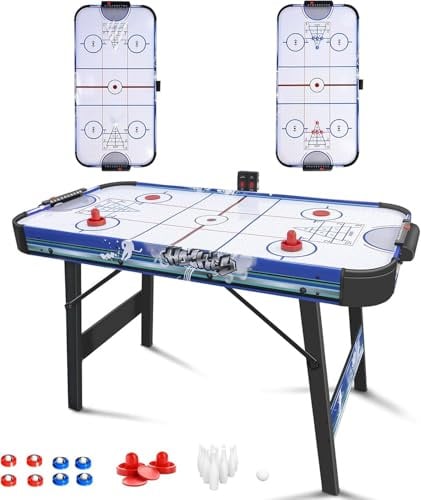 Hyner Mesa plegable de hockey de aire de 130 cm con efecto de cojín de aire – Juego 3 en 1 para familia: hockey, bolos, shuffleboard, 2 discos + raqueta, regalo para el hogar