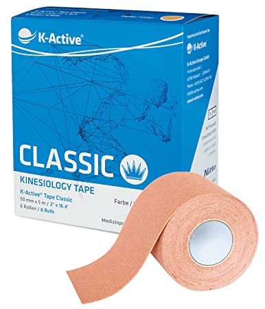 K-Active Kinesiologie Tape Classic BEIGE, wasserabweisend und hypoallergen, 50 mm x 5 m, 6er Box