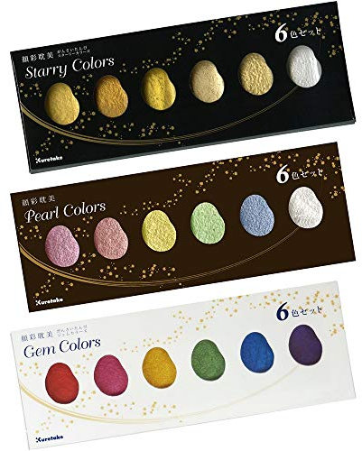Kuretake Gansai Tambi Lot de 3 peintures aquarelles 6 couleurs étoilées, perle, gemme, or, argent, paillettes, pour professionnel, artiste, fabriqué au Japon