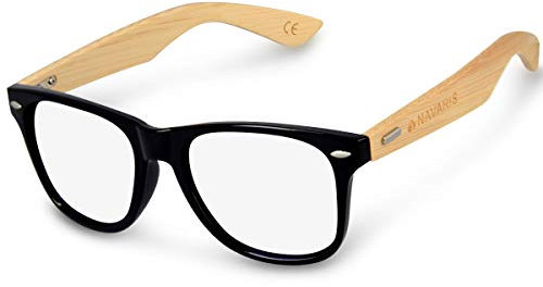 Navaris Retro Brille ohne Sehstärke - Damen Herren 50er Nerd Brille - Anti Blaulicht Computer Nerdbrille ohne Stärke mit Bambus Bügeln div. Farben