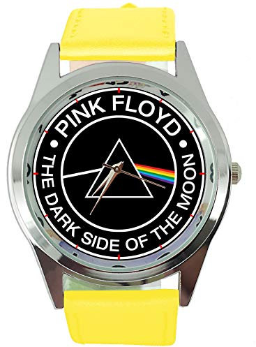 Runde Armbanduhr aus gelbem Leder für Fans von Dark Side of the Moon