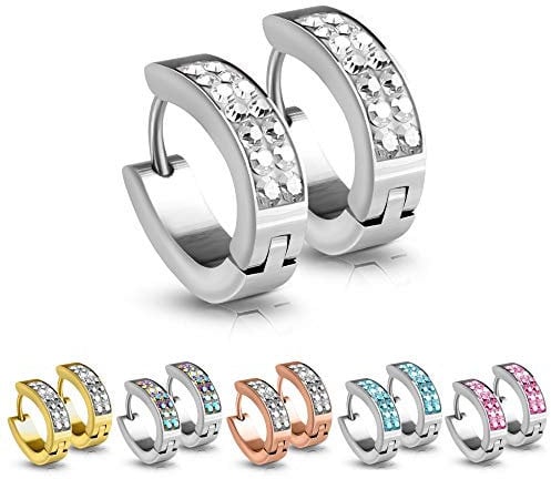 Treuheld® | Silberne Klapp-Creolen/Ohrringe zum Klappen | medizinischer Edelstahl | mit klaren Kristallen | 4mm x 15mm | Set/Paar Ohrstecker