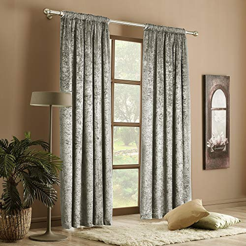 Crushed Velvet Thermal Insulated, Room Darkening Pencil Pleat Curtains (2 Panels) - 168 cm per Panel Width, 3 Drops (Silver, 66 x 54168 x 137 cm)