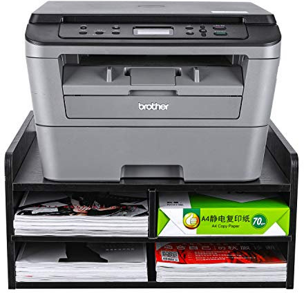 PAG 3-Tier Wood Printer Stand With Storage,Office Desk desktop printer shelf with 3 Open Compartments For Office Home School,Black