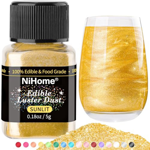 NiHome Edible Luster Dust Glitter Powder Metallic Fancy Food Decorating Sprinkle Glimmery Brew Dust for Drink Wine Beverage Cake Dessert Home Bakery Restaurant Vegan Allergen-Free (Sunlit, 5g/0.18oz)