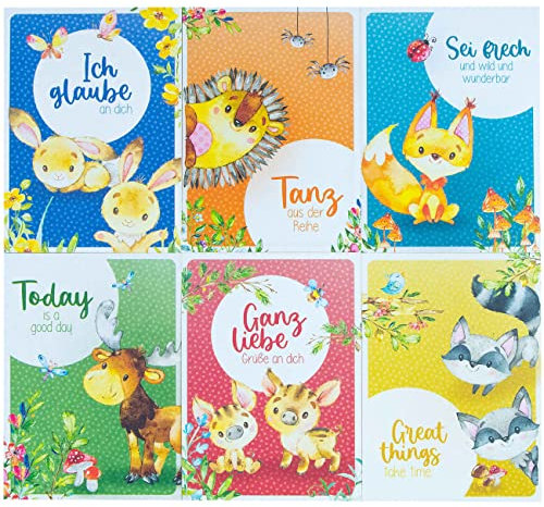 Papierdrachen 6 Postkarten für Kinder - zum Verschicken - Mutmacher | Affirmation - kindgerechtes Design hochwertig auf Holzschliffpappe bedruckt - aus Deutschland - Waldtiere Set 13
