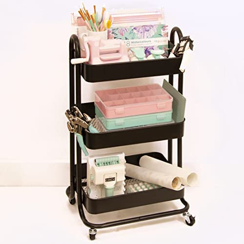 Craftelier - Metall-Organisationswagen mit 3 Fächern | 4 Lenkrollen 360º mit Bremsen | Max. Fachlast 2,99 kg | Abstand zwischen den Fächern 25,5 cm | Größe 78 x 40 cm - Farbe Schwarz