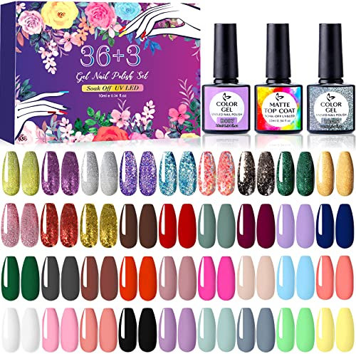 BEYAOBN UV Nagellack Set, 39 Stück Gel Nagellack Set Nagel Gel Farben Set Für NäGel Gel Nail Polish Farbgel GelnäGel Set AnfäNger mit Base Coat Glänzend Top Coat Matte Top Coat für Art Nagel Design
