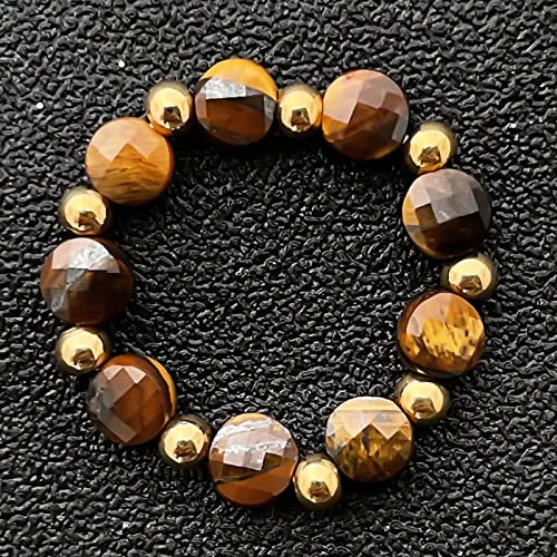 HGJH Verstellbare Ringe für Frauen, Mode, Vintage, böhmische Perlen, Tigerauge, Stein, elastisches Seil, runder Schnitt, mit goldenen Perlen, verstellbar für alle, Party, Hochzeit, Schmuck, Geschenk