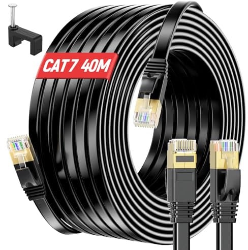 MEIPEK Ethernet Cable 40m Outdoor Indoor, Cat 7 Extra Long Network LAN Cable 40m, Pure Copper Core Flat Internet Cable 40 meter, High Speed Gigabit RJ45 Patch Cord for Router Modem Switch(40 Clips)
