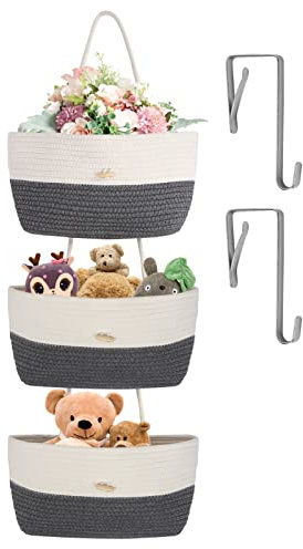 OSTWOLKE Hänge Organizer, tür Wand Organizer tür Hängeorganizer 3 Fächer, Wand Hängen Tasche aus Baumwollseil Gewebt, Wandkorb, Multifunktionale Hängeregal für Aufbewahrung