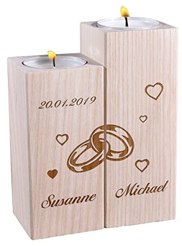 polar-effekt Kerzenhalter 2er-Set aus Holz mit personalisierter Gravur - Motiv: Ringe ineinander - perfekte Geschenkidee - Naturprodukt - Tischdeko - widerstandsfähig - für Hochzeit, Jahrestag
