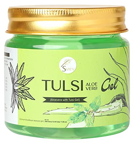 SVATV Tulsi (Heiliges Basilikum) Aloe Vera Gel | Natürliches Aloe Vera Gel | Spendet der Haut Feuchtigkeit | hellt Hautunreinheiten im Gesicht auf | Paraben- und Sulfatfrei – 200g