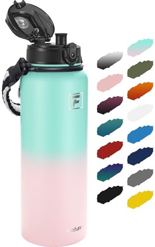 Fanhaw 1200ml Insulated Stainless Steel Water Bottle with Chug Lid - Leak & Sweat Proof with Anti-Dust Lid (Green Pink)