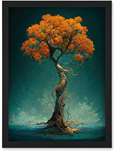 Doppelganger33 LTD Elegant Ancient Lone Autumn Fall Tree On Teal Artwork Framed Wall Art Print A4