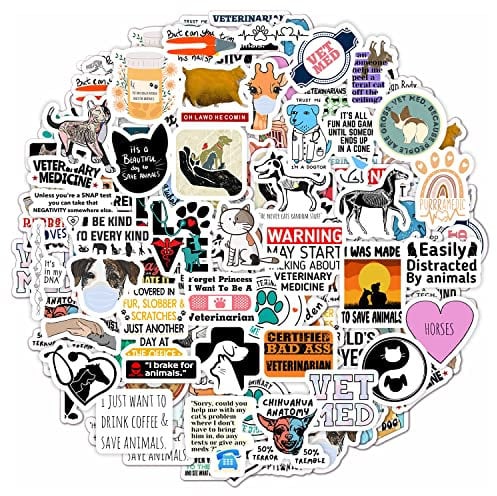 BulbaCraft 100Pcs Funny Veterinary Stickers, Vet Stickers, Vinyl, White, Cartoon, Animal, Indoor, Glass, Plastic, Metal, Decals, Sticker, Veterinarian Gifts, Vet Gifts