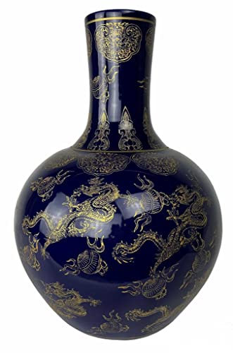 Fine Asianliving Vase Chinois Navy Bleu Marine Dragons Doré Fait Main D41xH57cm Chinois Vase avec Couvercle Asiatique Jingdezhen Mandarin Décorative
