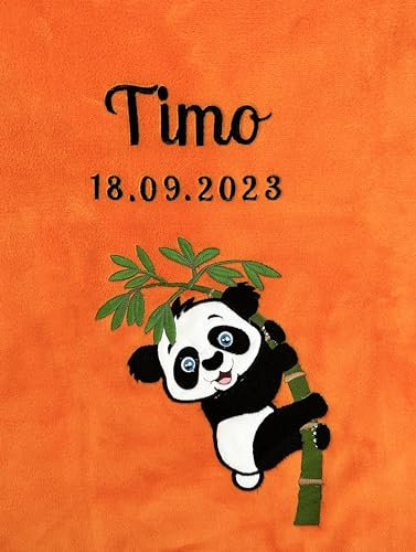 KIDDI-MEDIA Babydecke mit Name und Geburtsdatum Bestickt/kuschelig weich / 1A Qualität (Orange - Pandabär)