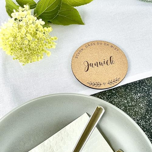 Personalisierte Korkuntersetzer für deine Hochzeit oder Geburtstag als Tischdeko oder Hochzeitsdeko Schön, dass du da bist Blumenranke Glasuntersetzer Bierdeckel