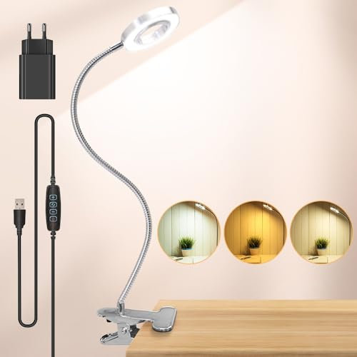 ADDVOPE Lampe de Bureau, Lampe Clips 3 Modes d’Éclairage&10 Niveaux Dimmable, Lampe Bureau avec Chargeur USB,Lampe de Lecture à Pince pour Lire et Travailler,Bras d'éclairage Rotatif à 360 Degrés