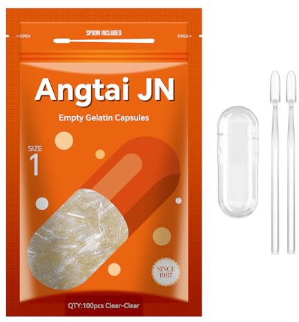Angtai JN Empty Capsules Size 1 - Clear Gelatin Capsules Empty (100 Count) with Two Miro Lab Spoons - Gel Capsules Empty - DIY Pure Bovine Capsule Filling - Kosher, Gluten Free - Non-GMO Certified