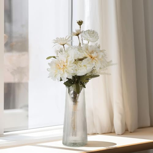 BLOSMON Kunstblumen Blumenstrauß mit Vase Glas: Künstliche Blumen Weiß Blumengestecke Pflanzen wie echt im Topf für Geschenk Wohnzimmer Deko Schlafzimmer Hochzeit Dekoration Zuhause Tischdeko