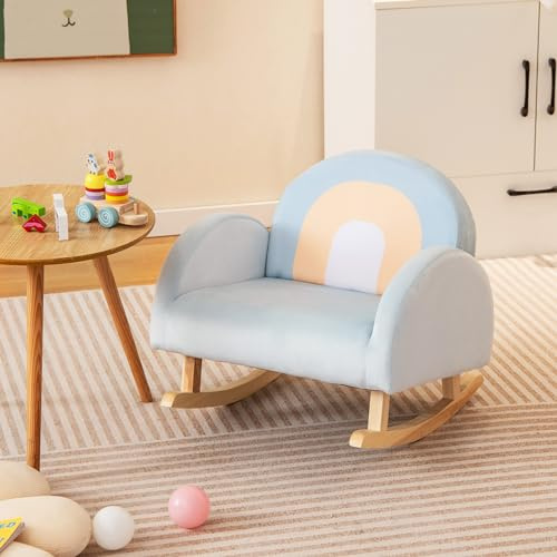 GYMAX Divano a Dondolo per Bambini 3-5 Anni, Gamba in Legno Massello, Poltrona Imbottita, Carini per Cameretta, Asilo Nido e Sala Giochi, Blu