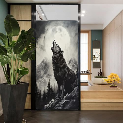 Sichtschutzfolie für Fenster, heulender Wolf, moderner Vollmond, Wolf, Wald, Tier, Buntglas, Fensterfolie, dekorative Fensterfolie für Zuhause Fenster und Glastür, Sonnenblockierung, 70,1B x 100,1L cm