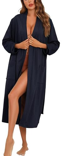 Vlazom Waffle Dressing Gowns Lightweight Kimono Robe Cotton Soft Bathrobe for All Seasons Spa Hotel Nursing Pregnancy Navy Blue,XXL